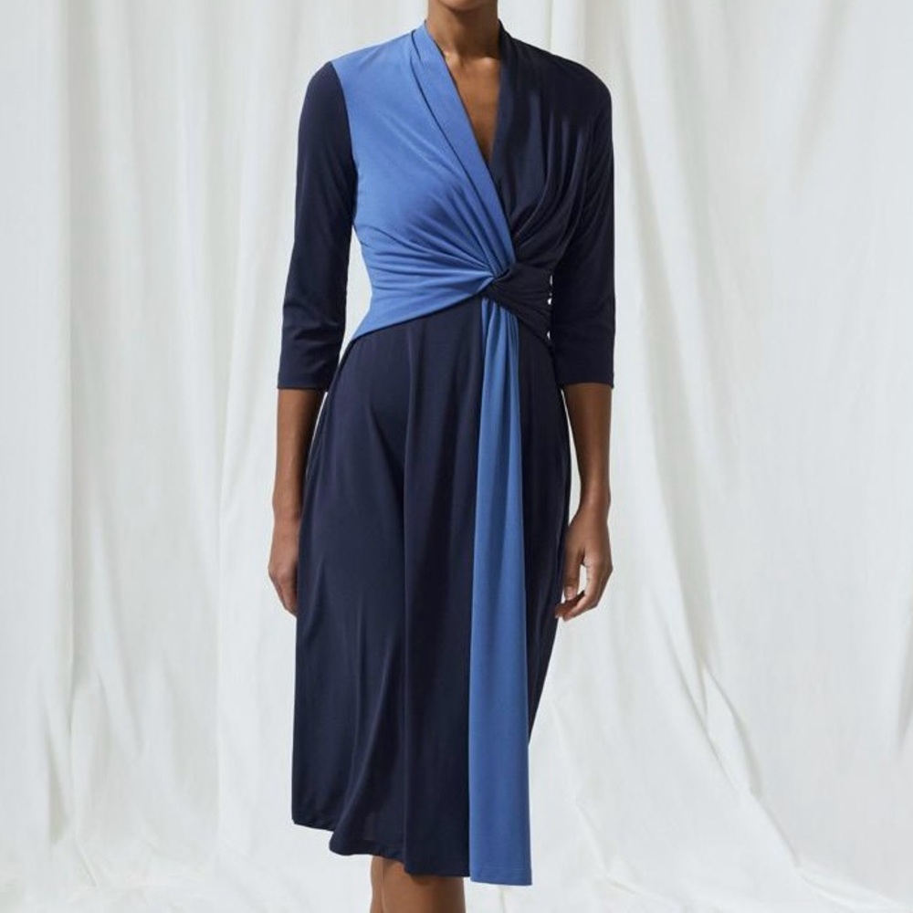 The Fold London Avebury Dress Slate Blue Navy Twist Waist